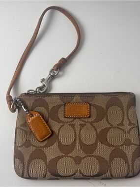 Coach Brown Signature Canvas Wristlet with Tan Leather Trim